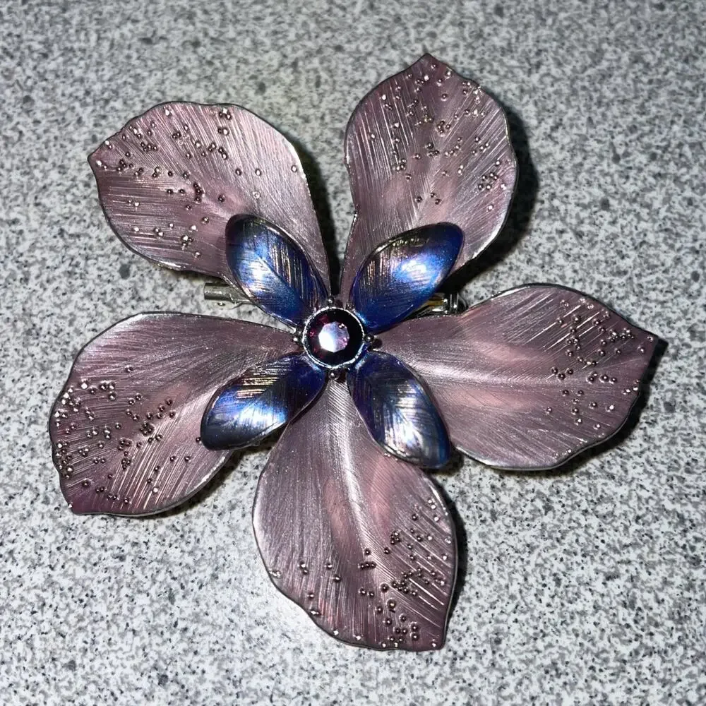 Large Purple Pink Enamel Flower Brooch with accent Rhinestone Floral Pin Vintage